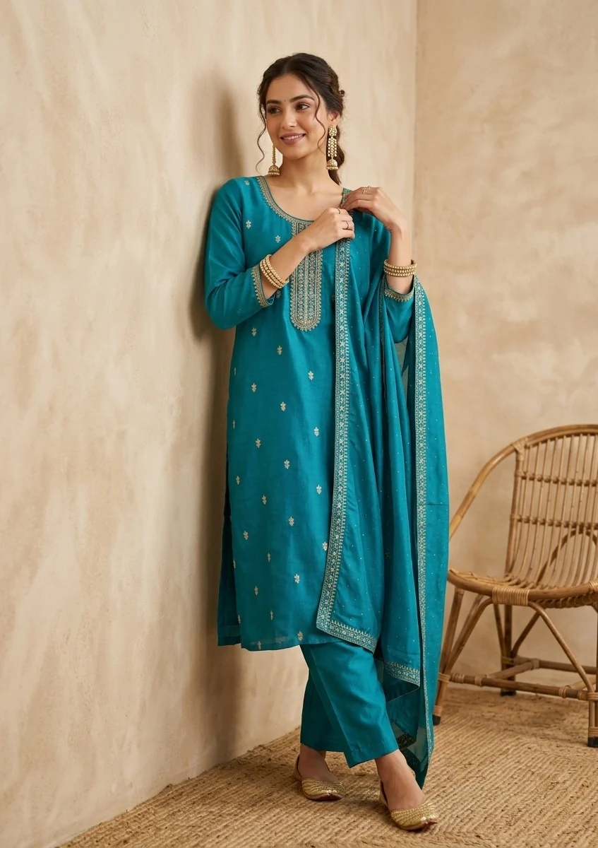 Turquoise Blue Zariwork (Gold) Soft Raw Silk Readymade Salwar Suit